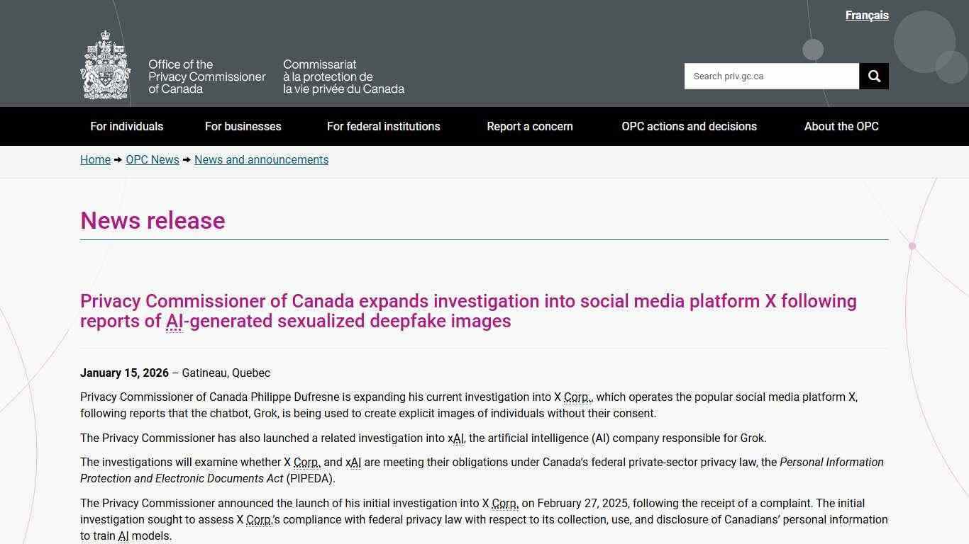 News release: Privacy Commissioner of Canada expands investigation into social media platform X following reports of AI-generated sexualized deepfake images - Office of the Privacy Commissioner of Canada